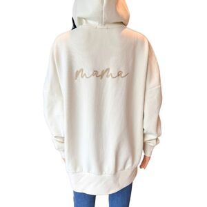 Le La Lo Cream Beige Mama Embroidered Full Zip Hooded Sweatshirt Medium NWT $75